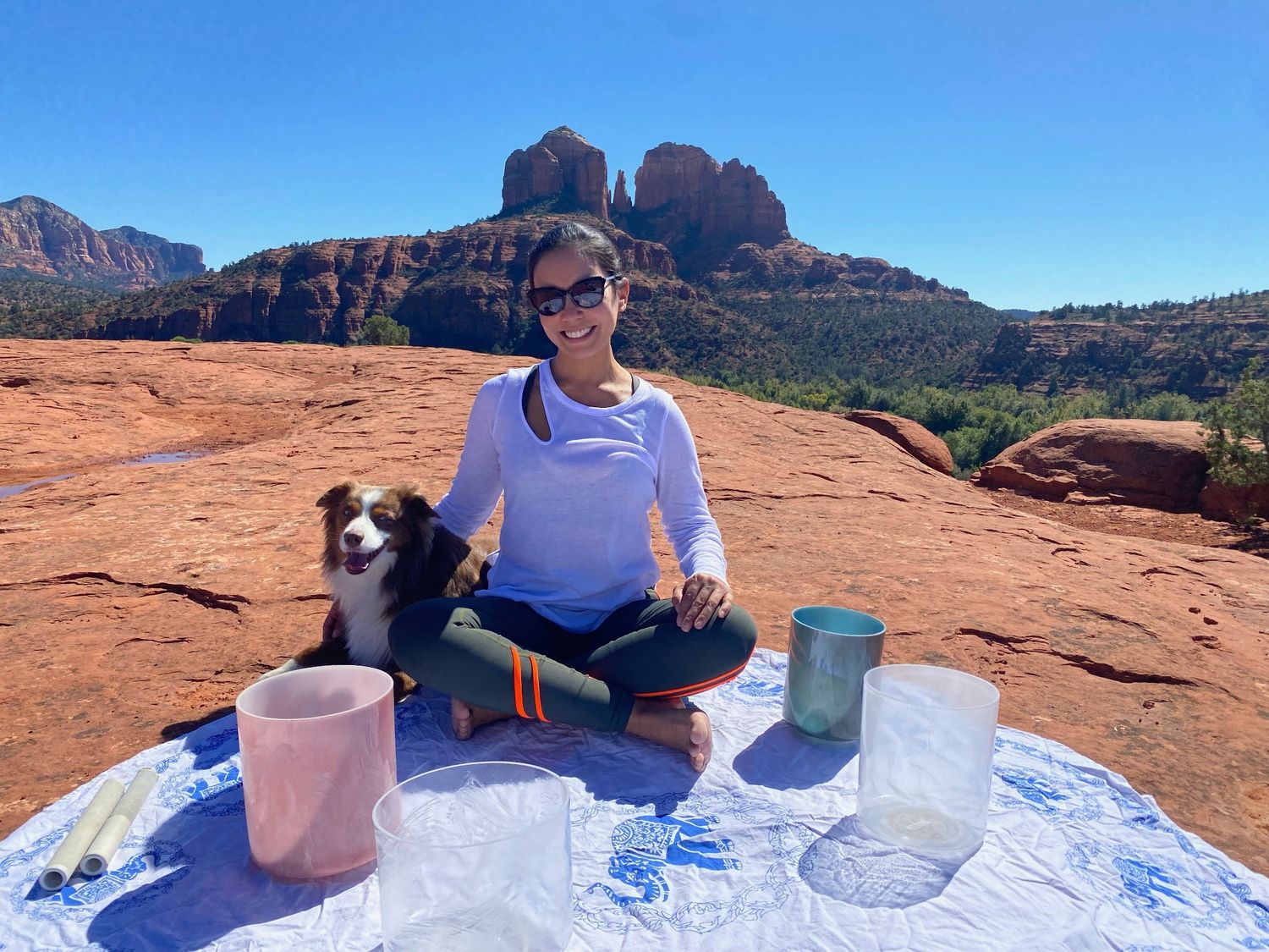 Claudia with alchemy crystal bowls in Sedona
